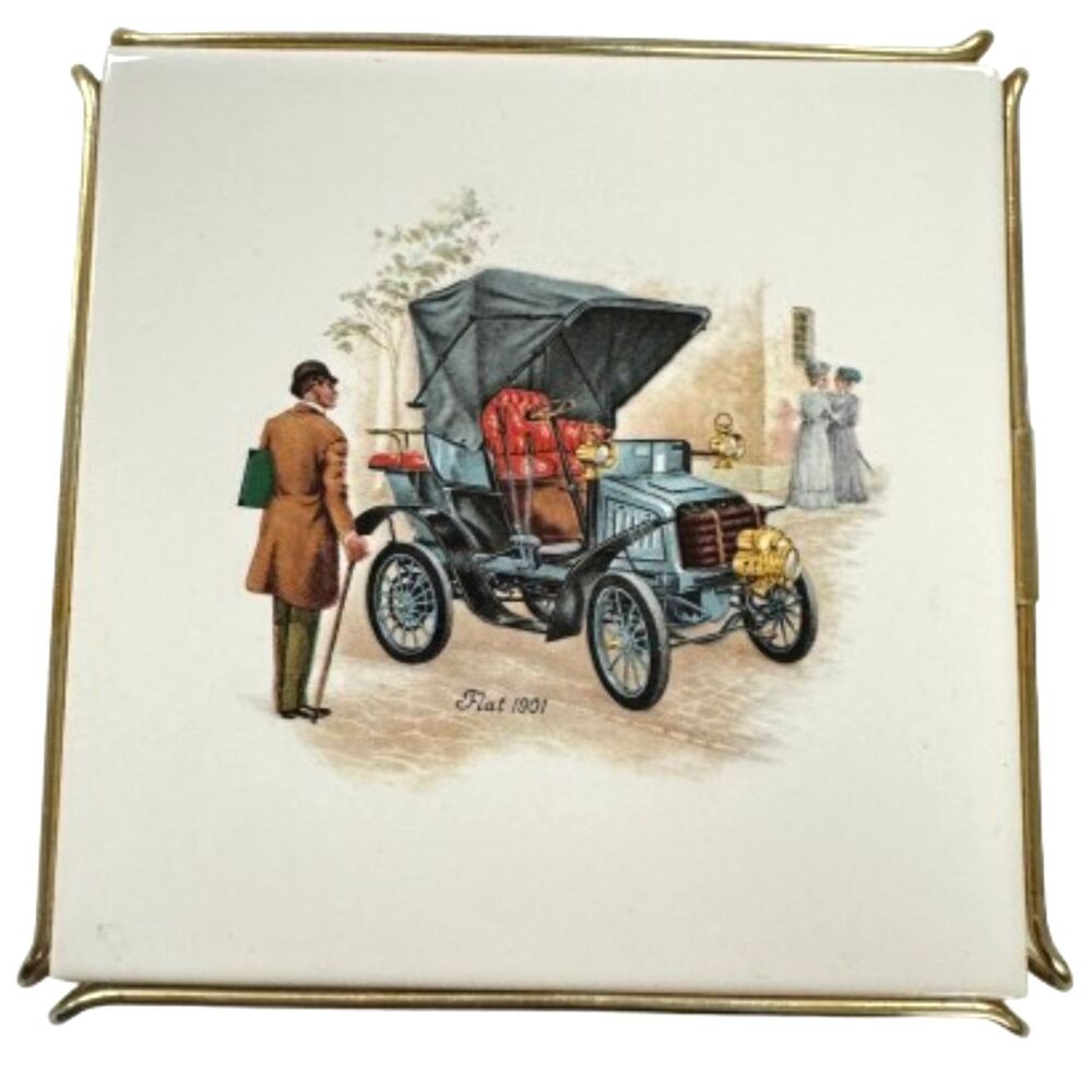 Antique Fiat 1901 Car Tile by H&R Johnson Ceramic In Brass Trivet MCM 1970s